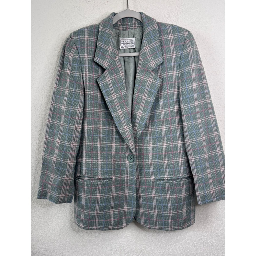Pendleton Vintage Blazer Jacket Women 10 Green Plaid‎ Wool USA Tailored Academia